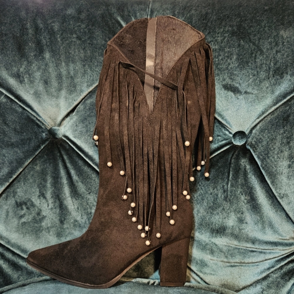 Black Fringe with pearls Women's Boots